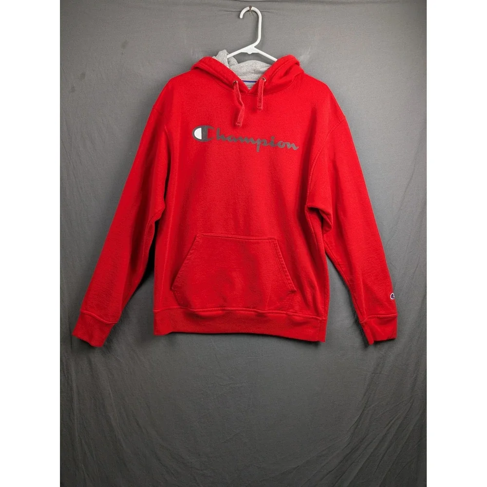 Champion Mens Red Script Logo Pullover Hoodie Size Large‎
